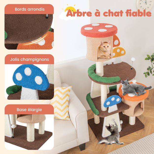 Helloshop26 - Arbre à chat en forme de champignon 2 condos balles interactives poteau griffoir plateforme tour de jeux pour chat multicolore - Imagen 3