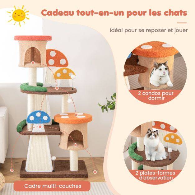 Helloshop26 - Arbre à chat en forme de champignon 2 condos balles interactives poteau griffoir plateforme tour de jeux pour chat multicolore - Imagen 4