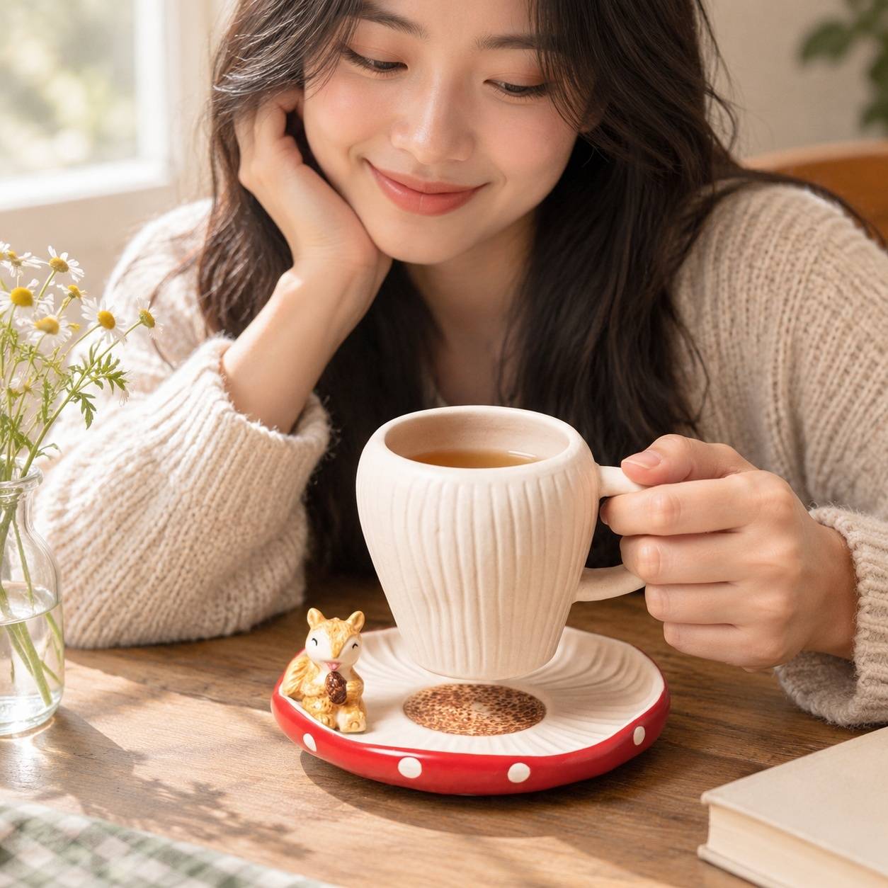 Tasse et Soucoupe Champignon Céramique Émail Écureuil Décor Mat Fait Main Café Thé 11oz - Image 4