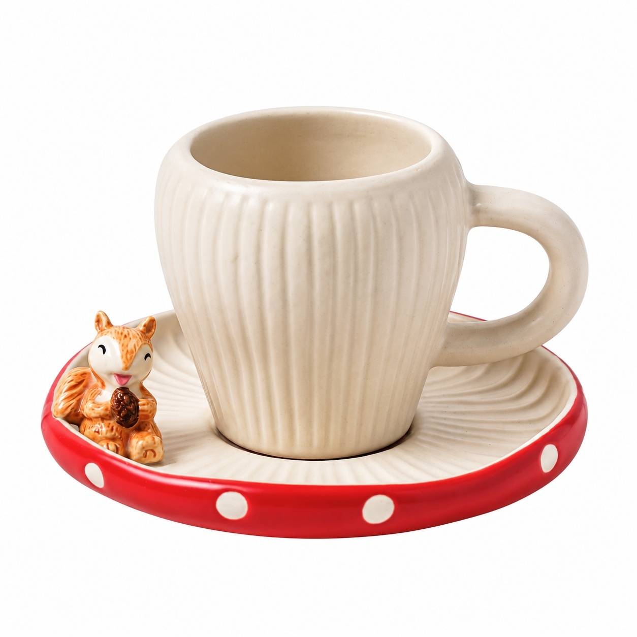 Tasse et Soucoupe Champignon Céramique Émail Écureuil Décor Mat Fait Main Café Thé 11oz - Image 1
