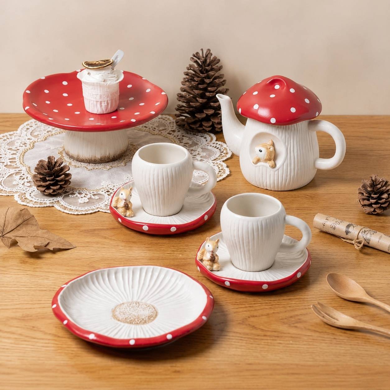 Tasse et Soucoupe Champignon Céramique Émail Écureuil Décor Mat Fait Main Café Thé 11oz - Image 6
