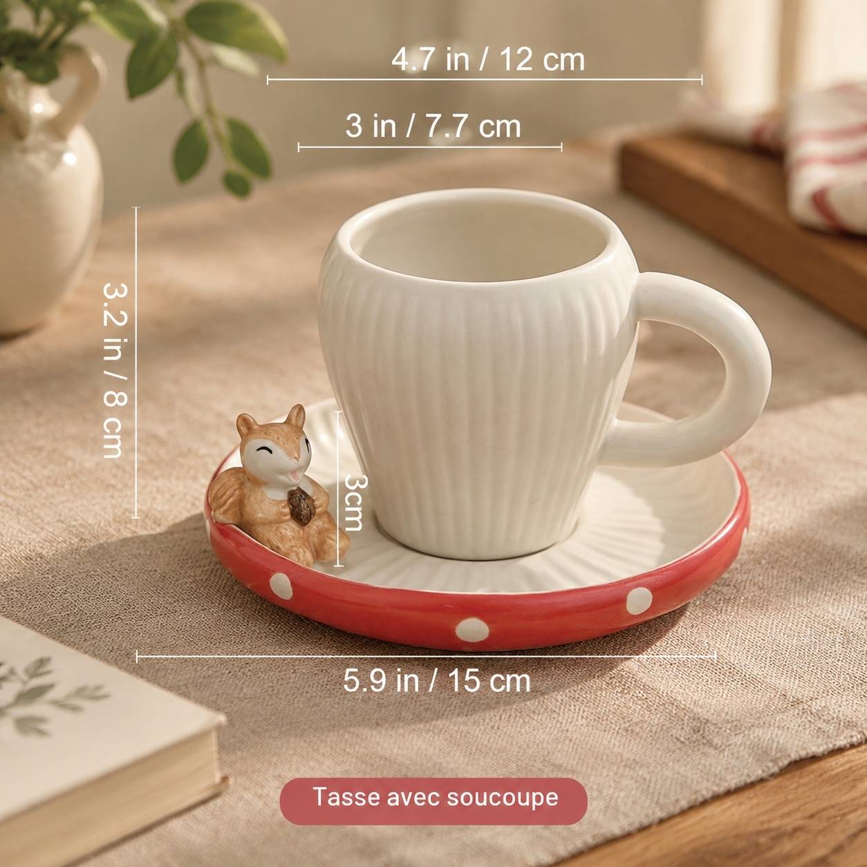 Tasse et Soucoupe Champignon Céramique Émail Écureuil Décor Mat Fait Main Café Thé 11oz - Image 3