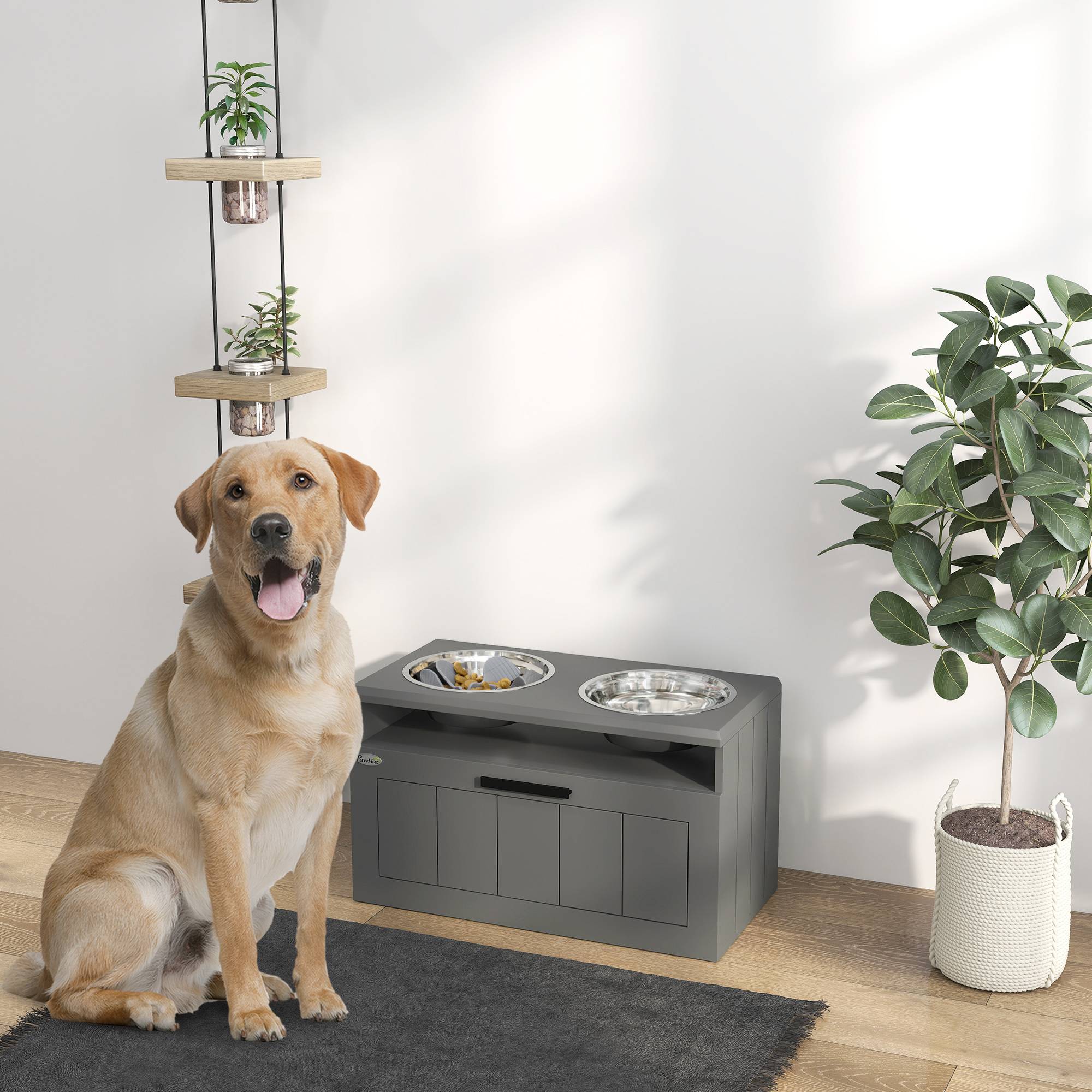 Station de nourriture pour chien, MDF, gris, 60 x 30 x 35 cm - PANGIVO - Image 2