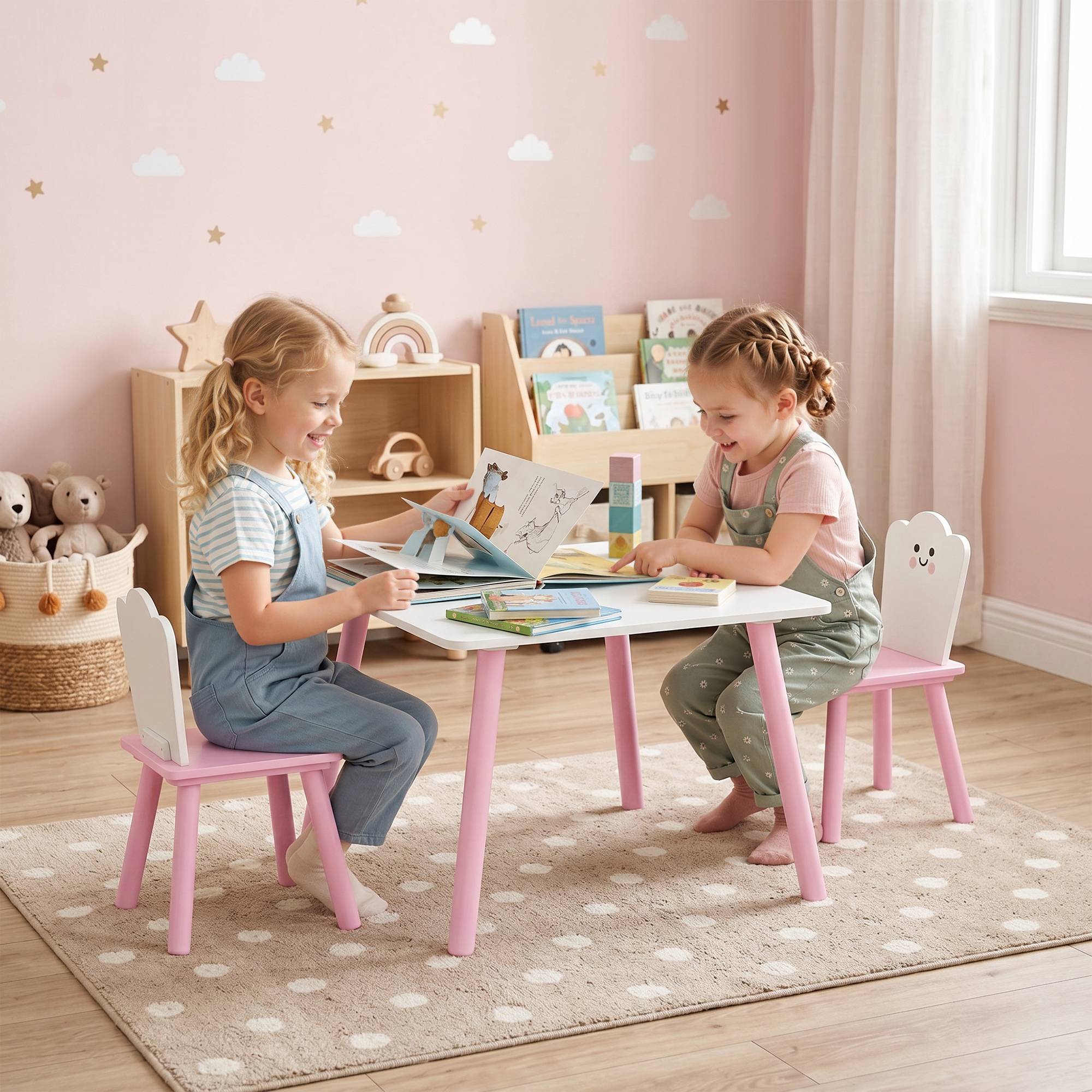 Table et chaises enfant pieds bois, thème barbe à papa, pour garçons filles 3-6 ans, crèche, rose - Image 4