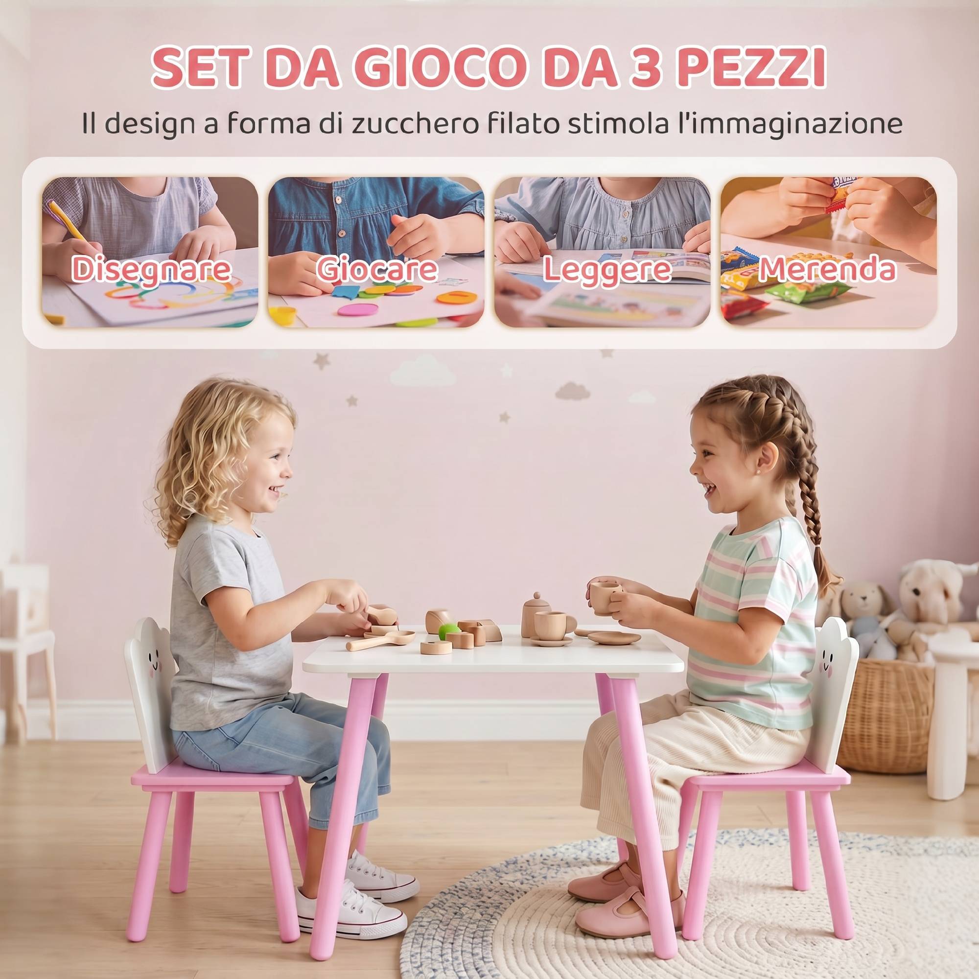 Table et chaises enfant pieds bois, thème barbe à papa, pour garçons filles 3-6 ans, crèche, rose - Image 6