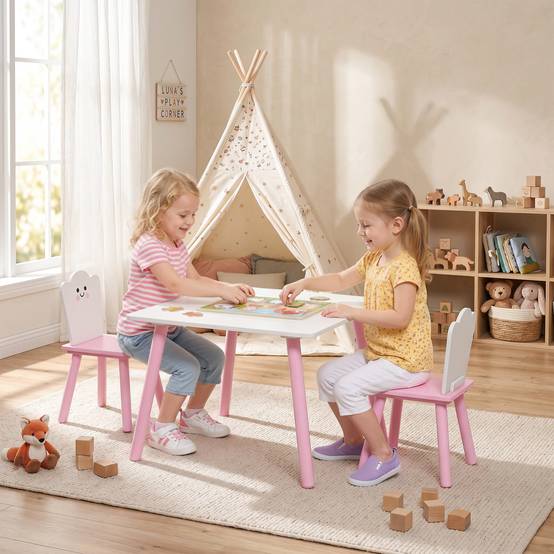 Table et chaises enfant pieds bois, thème barbe à papa, pour garçons filles 3-6 ans, crèche, rose - Image 3
