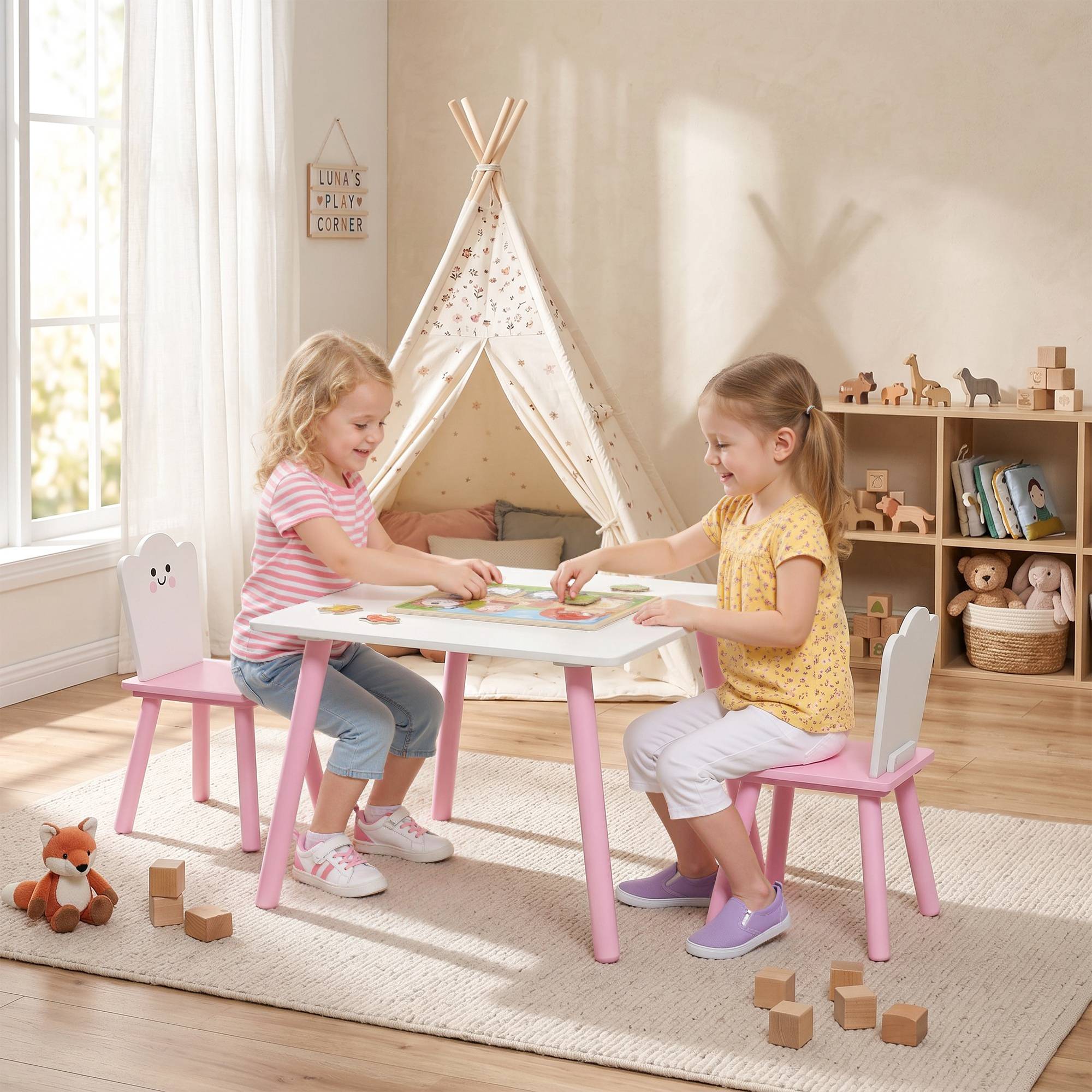 Table et chaises enfant pieds bois, thème barbe à papa, pour garçons filles 3-6 ans, crèche, rose - Image 3