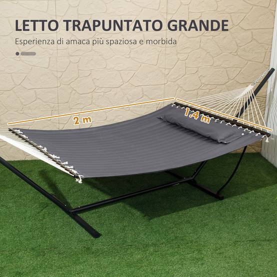 Hamac jardin portable avec coussin intégré, coton, polyester et acier, 368x93x110cm, gris foncé - Image 6