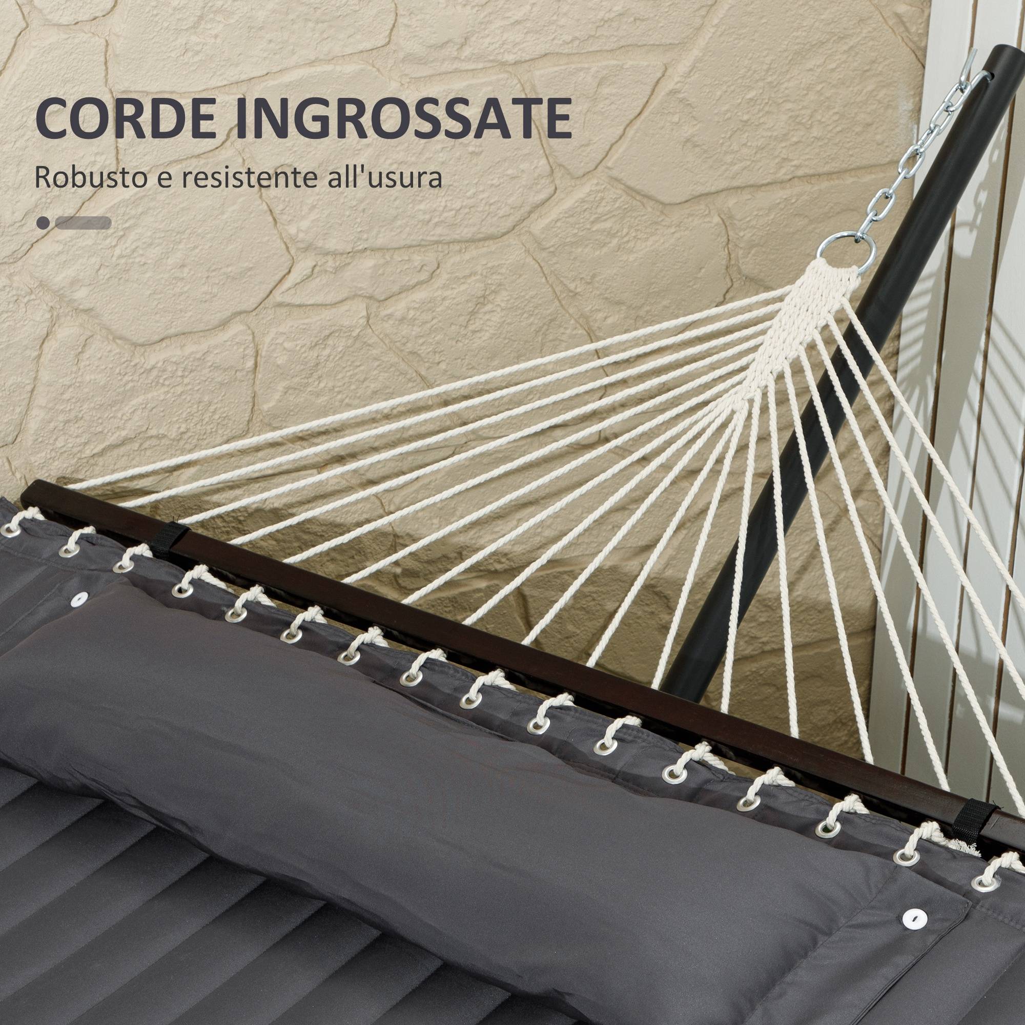 Hamac jardin portable avec coussin intégré, coton, polyester et acier, 368x93x110cm, gris foncé - Image 9