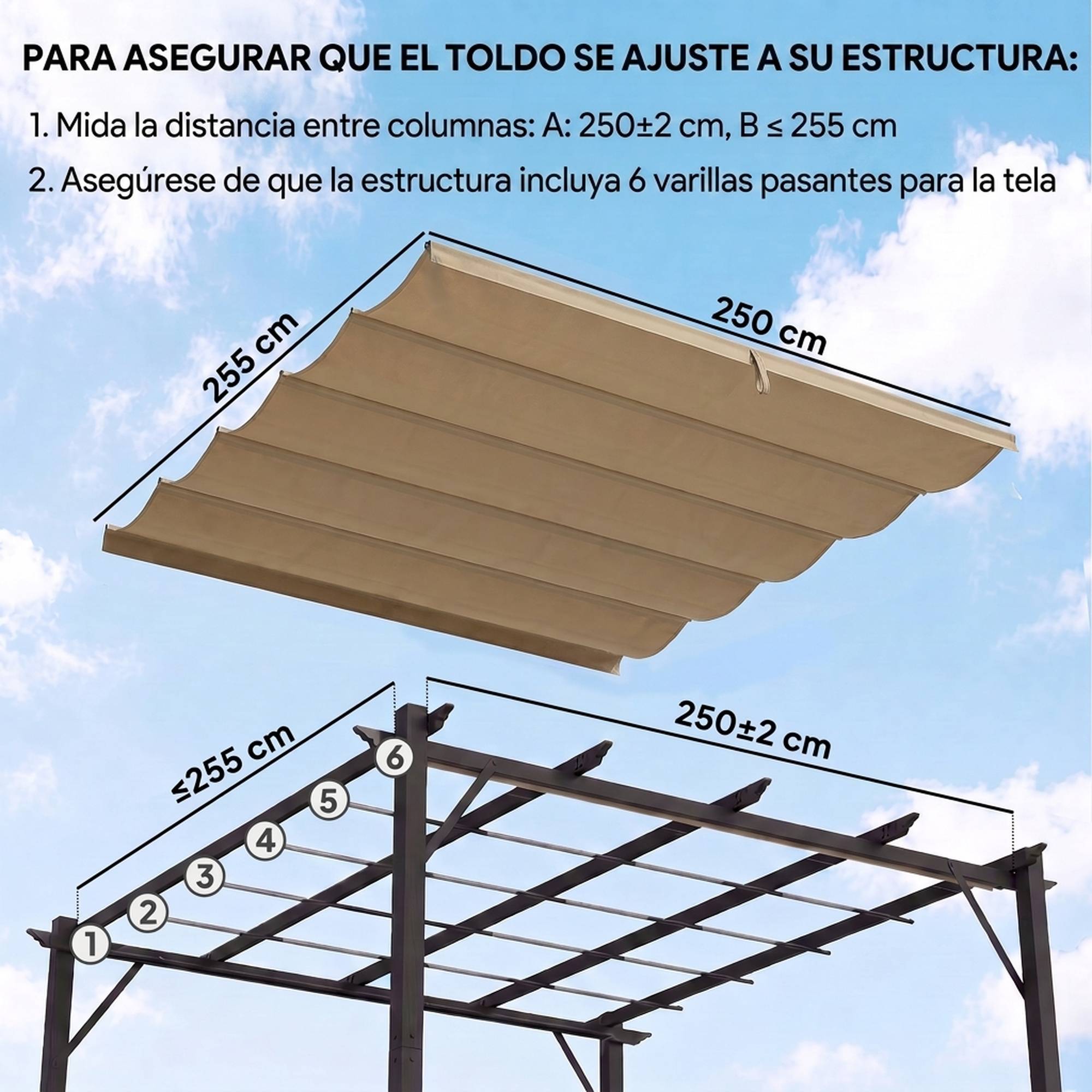 Housse pour toit retractable 2,5x2,55 m pour pergola 3x3, toile de rechange, 10 trous de drainage, brun - Image 6