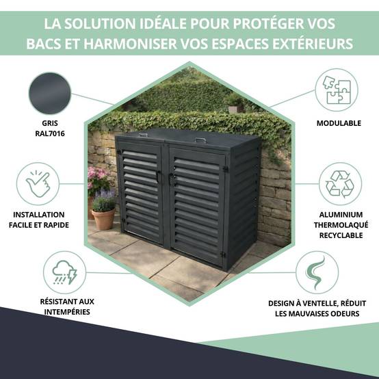 Cache Poubelle Extérieur Double en Aluminium thermolaqué - Abri pour 2 conteneurs 120 Litres – Gris Anthracite RAL 7016 - Image 2