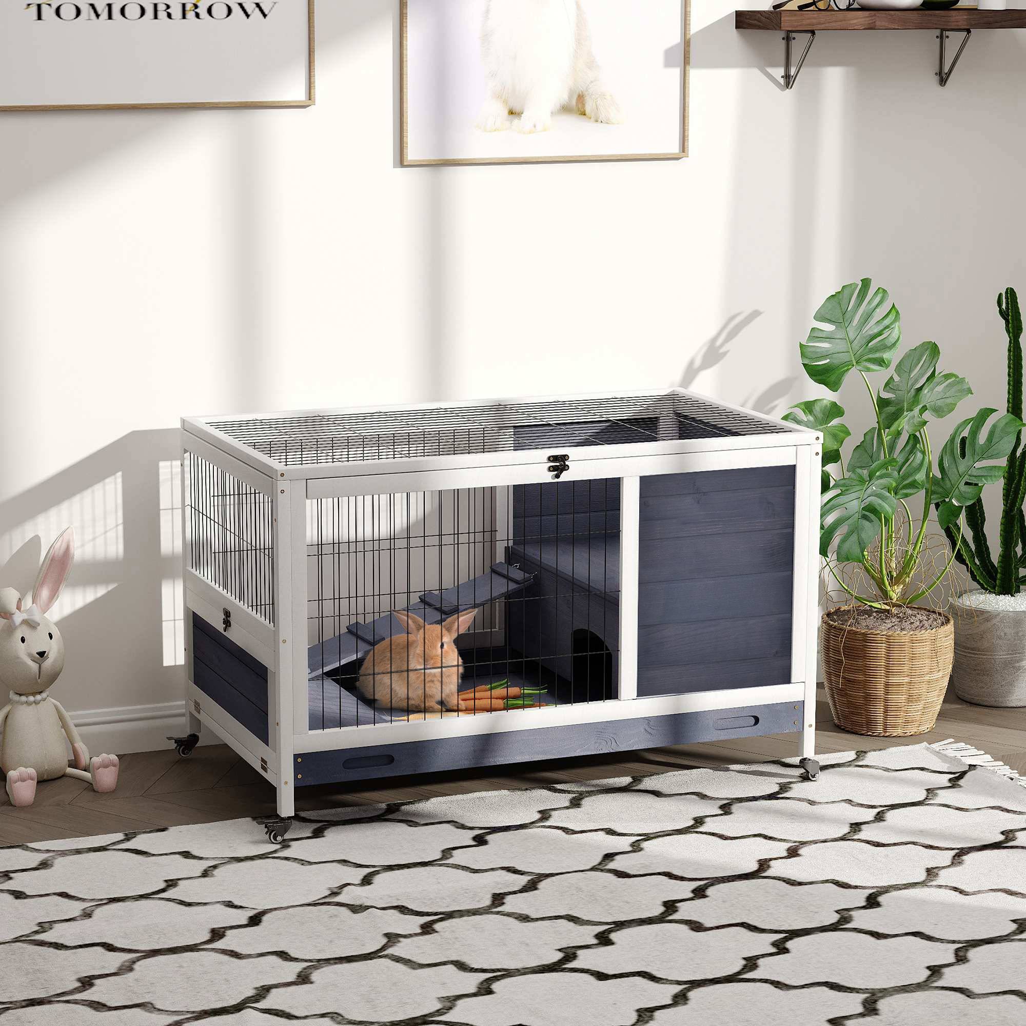 Clapier lapin cochon d'inde bois intérieur roulettes plateau amovible 90x53x59cm - ComfortXL Outdoor Living - Image 4