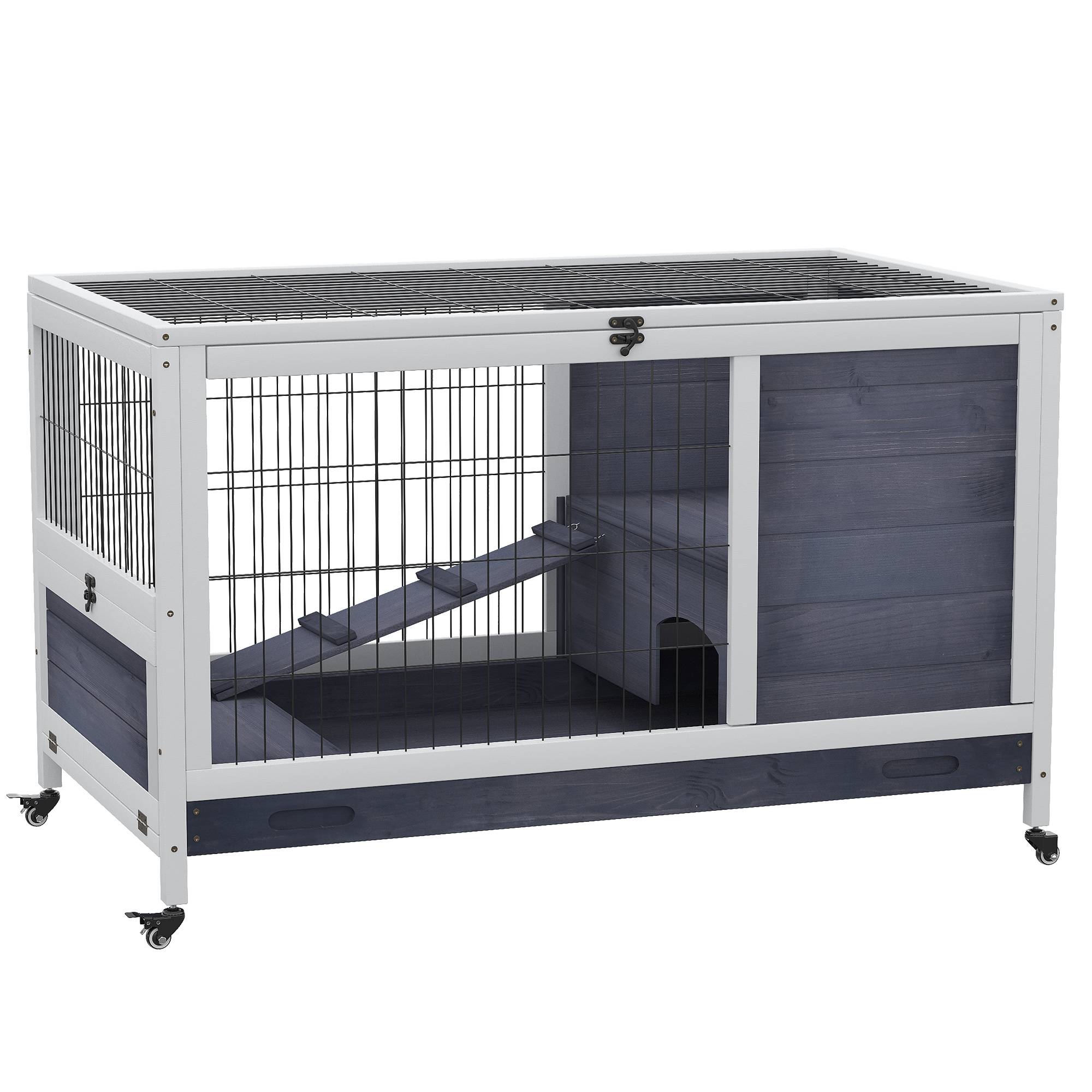 Clapier lapin cochon d'inde bois intérieur roulettes plateau amovible 90x53x59cm - ComfortXL Outdoor Living - Image 1