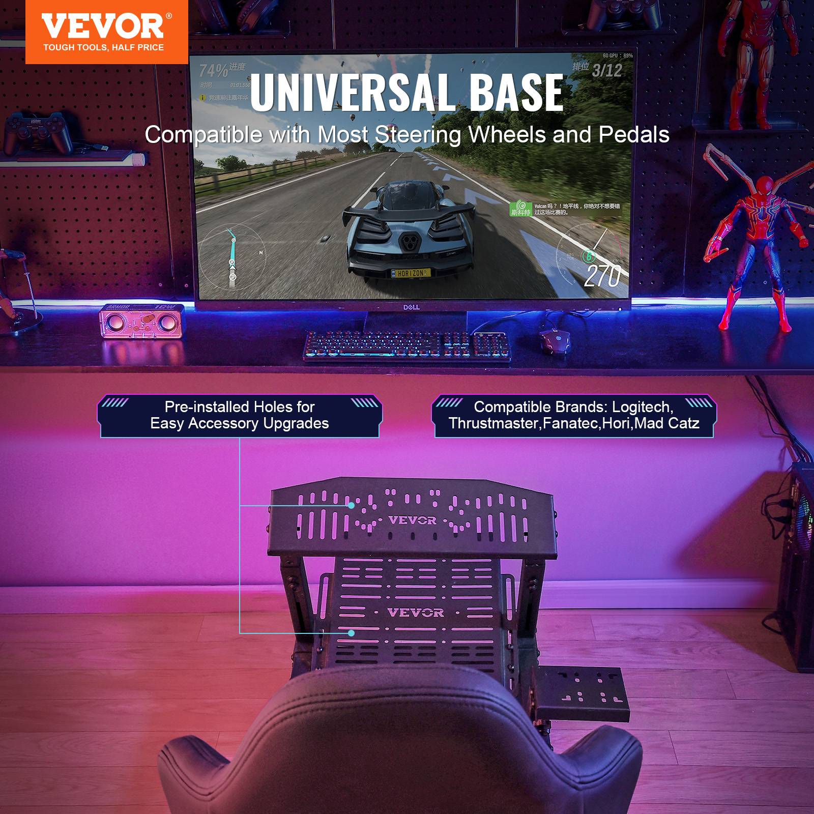 VEVOR Support volant de course compact acier, charge 150kg, réglable, pour Logitech G/Thrustmaster. - Image 2