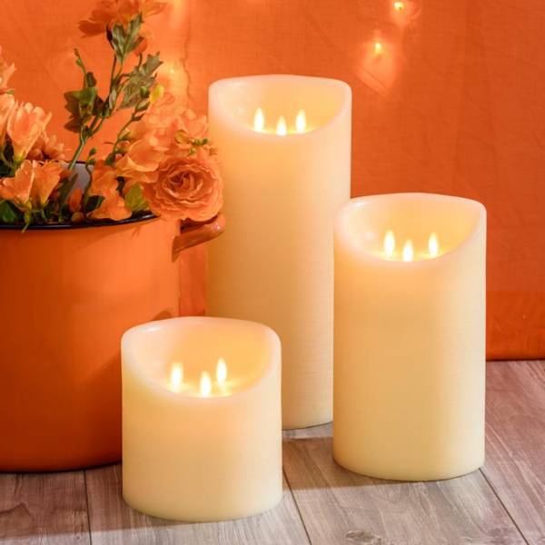 Lotti - Bougie LED triple flammes vacillantes en cire véritable Ivoire à piles vacillantes H25cm Blanc chaud Timer Lotti - Imagen 5
