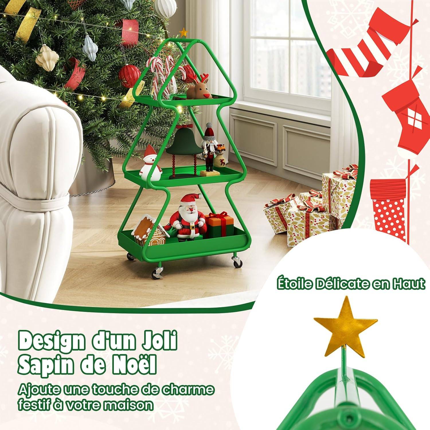 Chariot de Rangement à roulettes à 3 Niveaux, Chariot de Service de Renne de Noël, Cadre en Métal, Roues Universelles, Desserte à roulettes pour Salon - Image 3