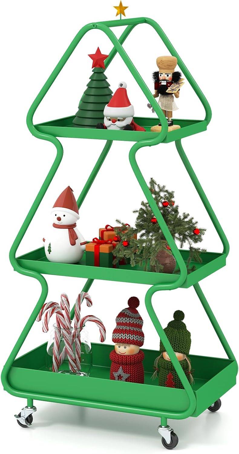 Chariot de Rangement à roulettes à 3 Niveaux, Chariot de Service de Renne de Noël, Cadre en Métal, Roues Universelles, Desserte à roulettes pour Salon - Image 1