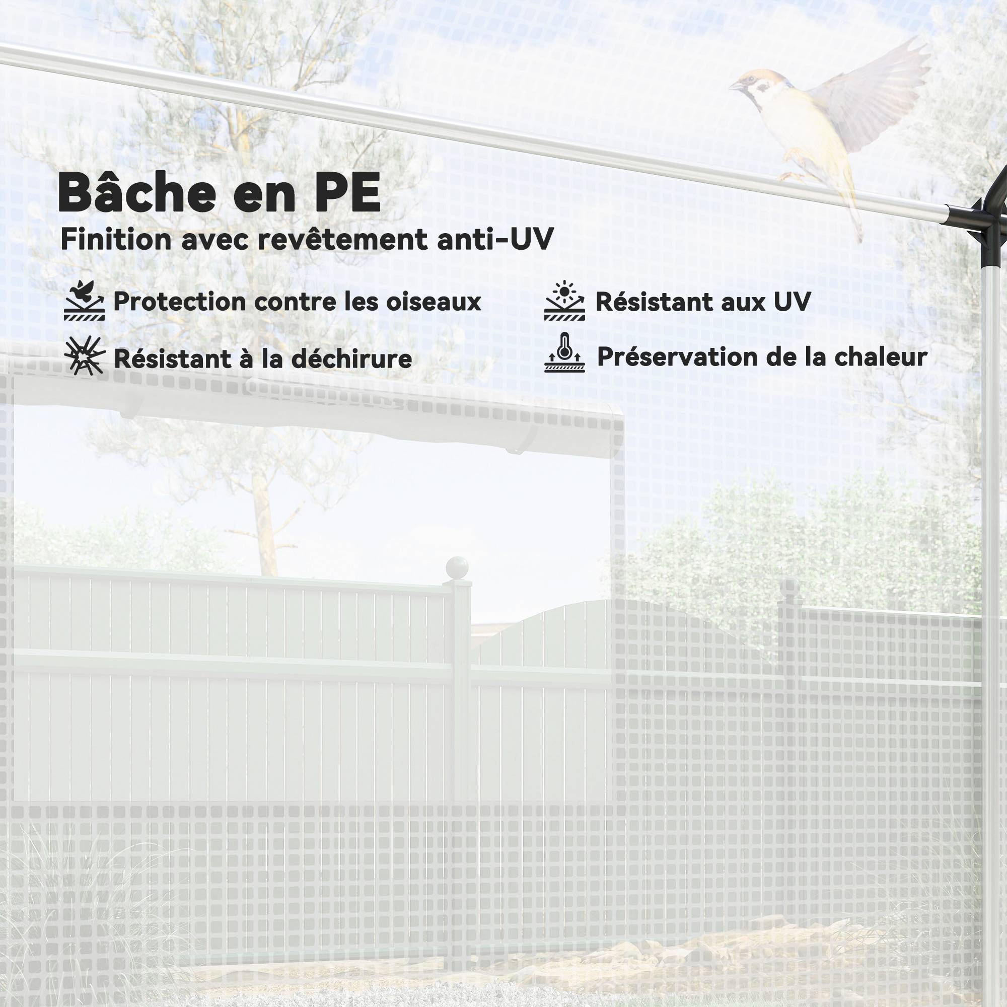 Serre de jardin tunnel 2 x 3m, 6m² avec porte enroulable, 4 fenêtres, - Acier galvanisé PE Haute densité Blanc - Image 6