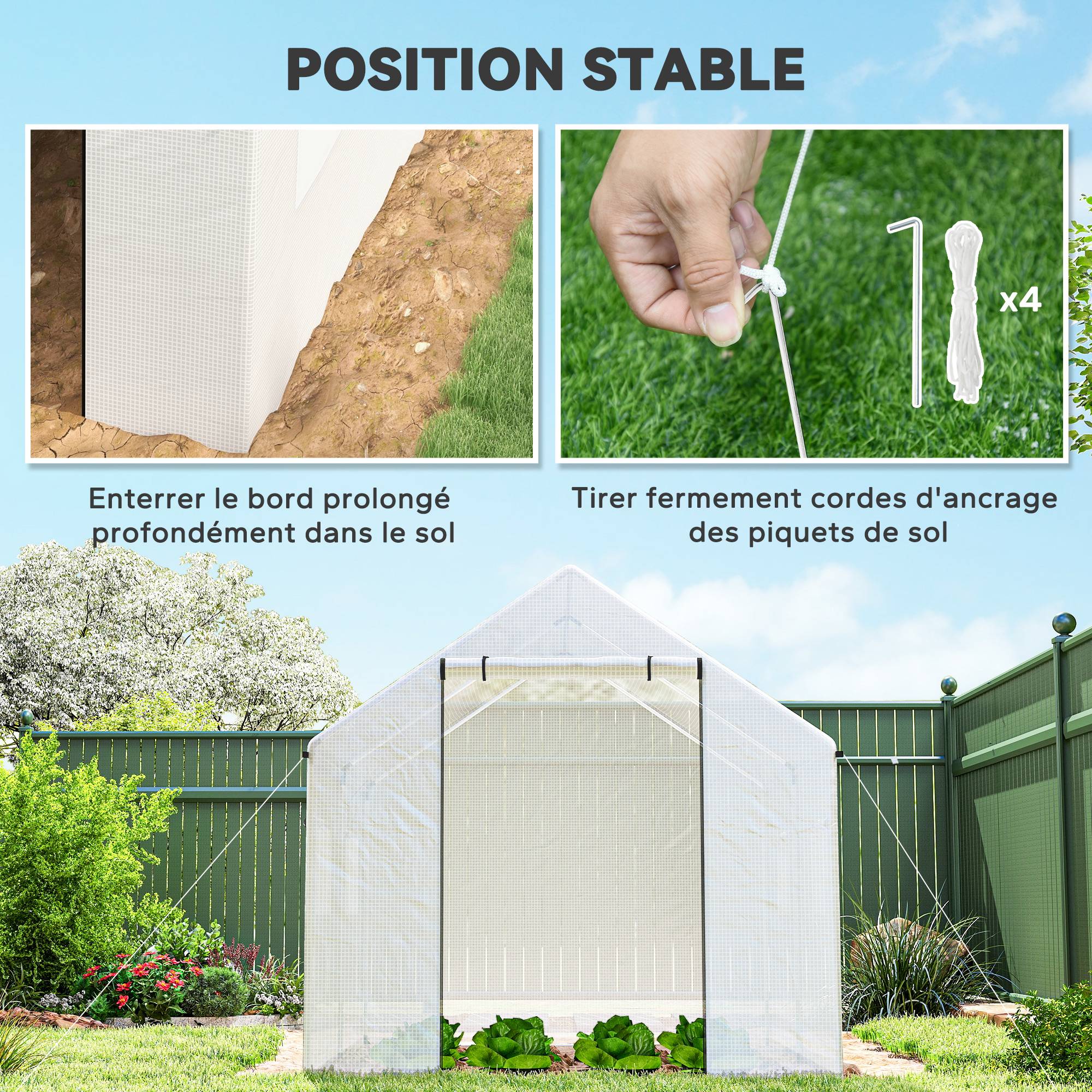 Serre de jardin tunnel 2 x 3m, 6m² avec porte enroulable, 4 fenêtres, - Acier galvanisé PE Haute densité Blanc - Image 8
