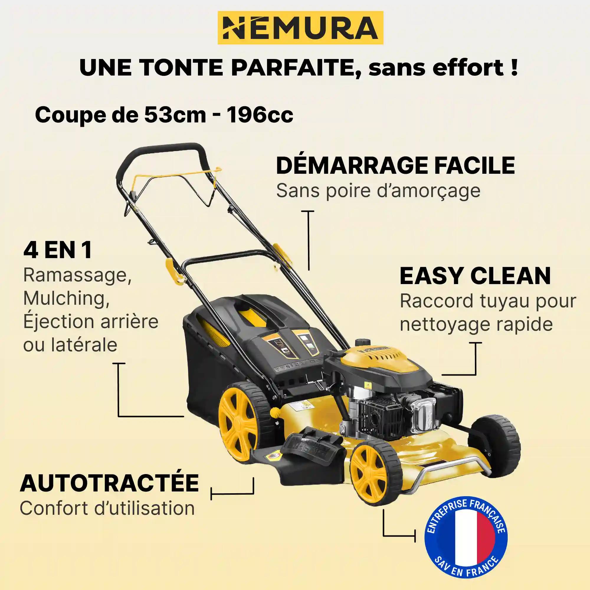 Nemura - Tondeuse thermique autotractée 196cm3 - coupe 53cm - Fonction 3 en 1 (ramassage, éjection latérale, mulching) - Image 2