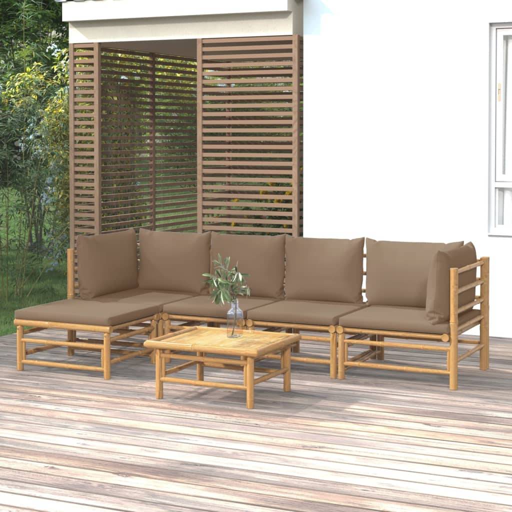 Salon de Jardin pour Balcon 6 Pièces en Bambou Naturel avec Coussins Couleur Taupe – ComfortXL Outdoor Living - Image 1