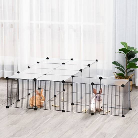 Parc pour animaux 27 panneaux, forme personnalisable pour cobayes, lapins et chinchillas, 140x70x70 cm, transparent - Image 3