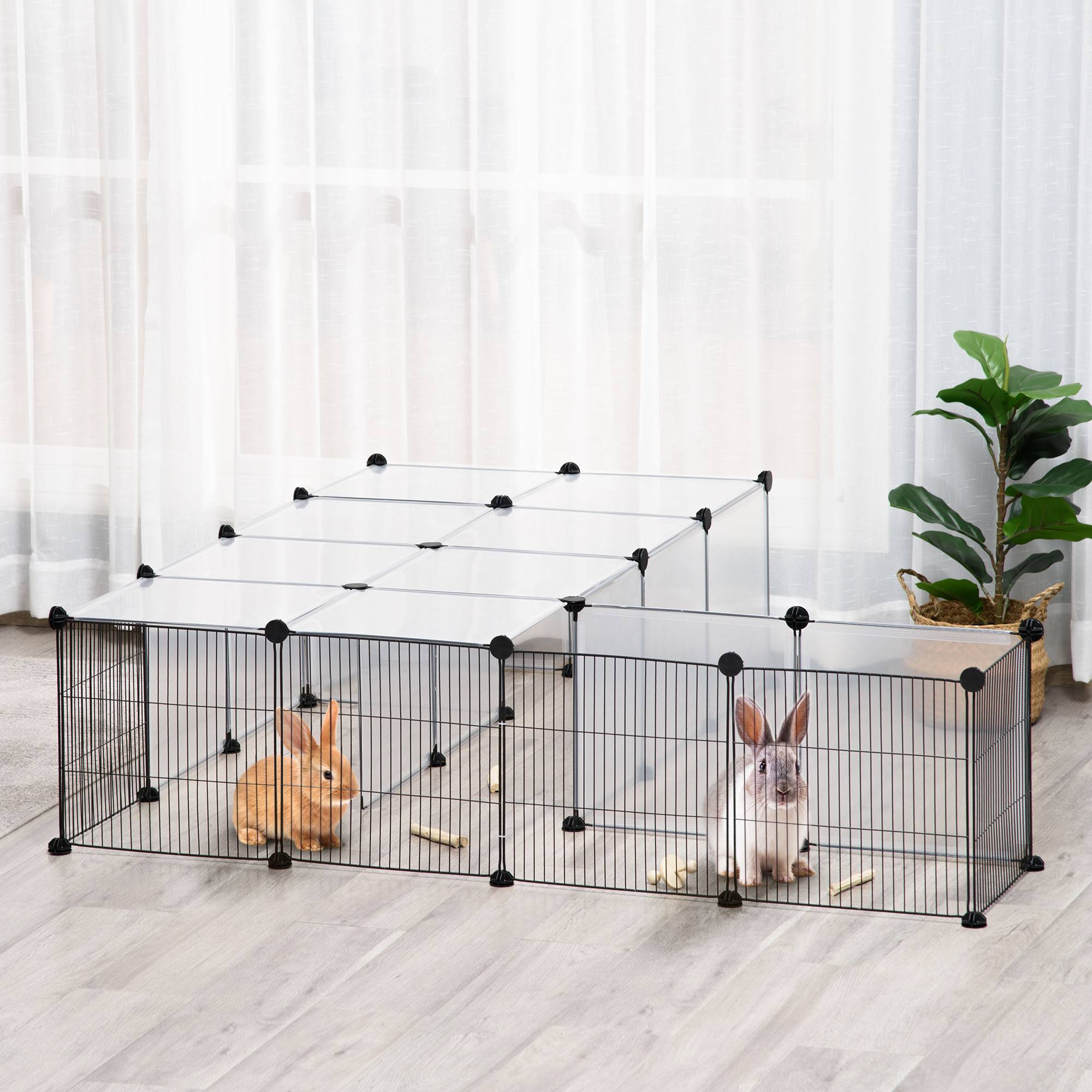 Parc pour animaux 27 panneaux, forme personnalisable pour cobayes, lapins et chinchillas, 140x70x70 cm, transparent - Image 3