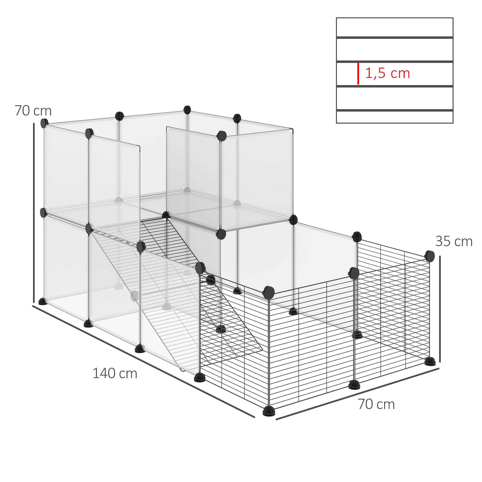 Parc pour animaux 27 panneaux, forme personnalisable pour cobayes, lapins et chinchillas, 140x70x70 cm, transparent - Image 5
