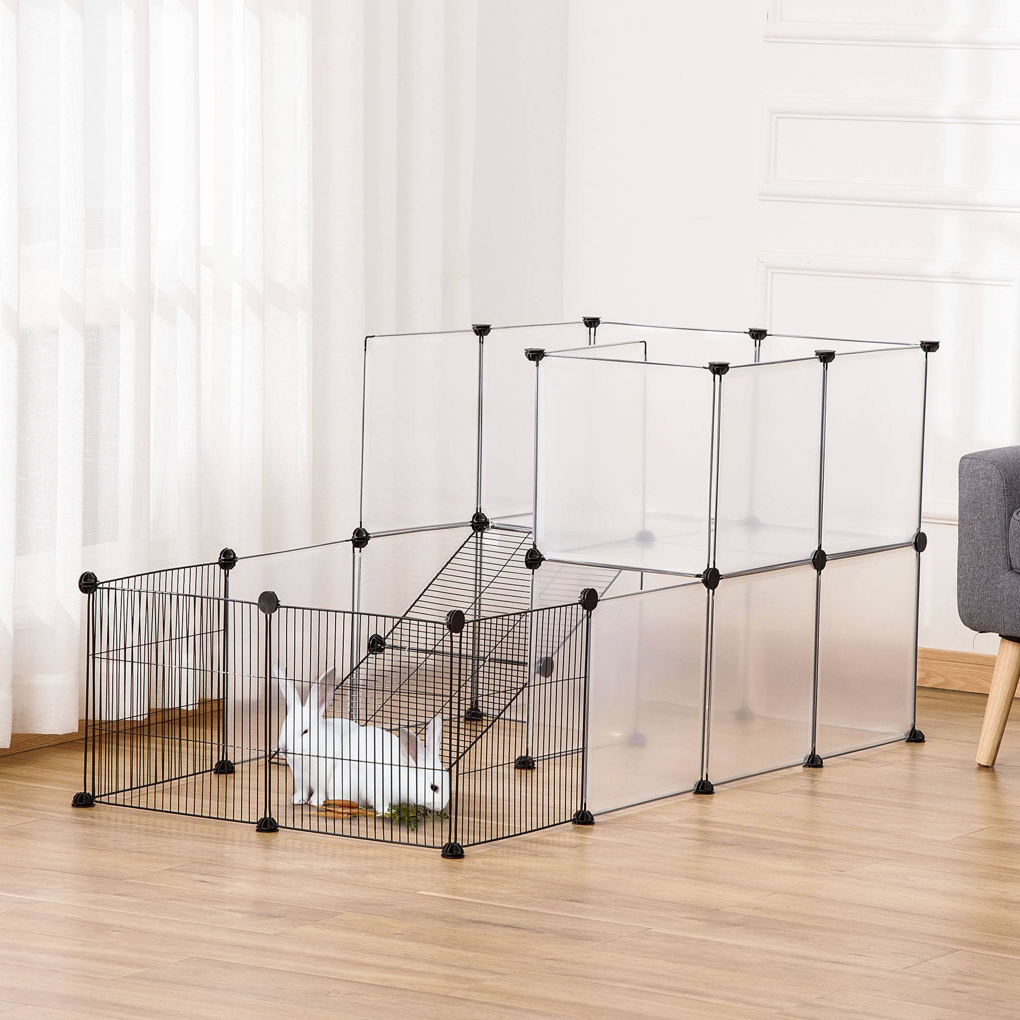 Parc pour animaux 27 panneaux, forme personnalisable pour cobayes, lapins et chinchillas, 140x70x70 cm, transparent - Image 4