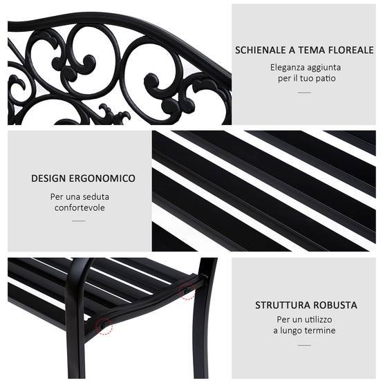 Banc de jardin acier fonte balcon terrasse dossier décoré 127x60x89cm noir - ComfortXL Outdoor Living - Image 7