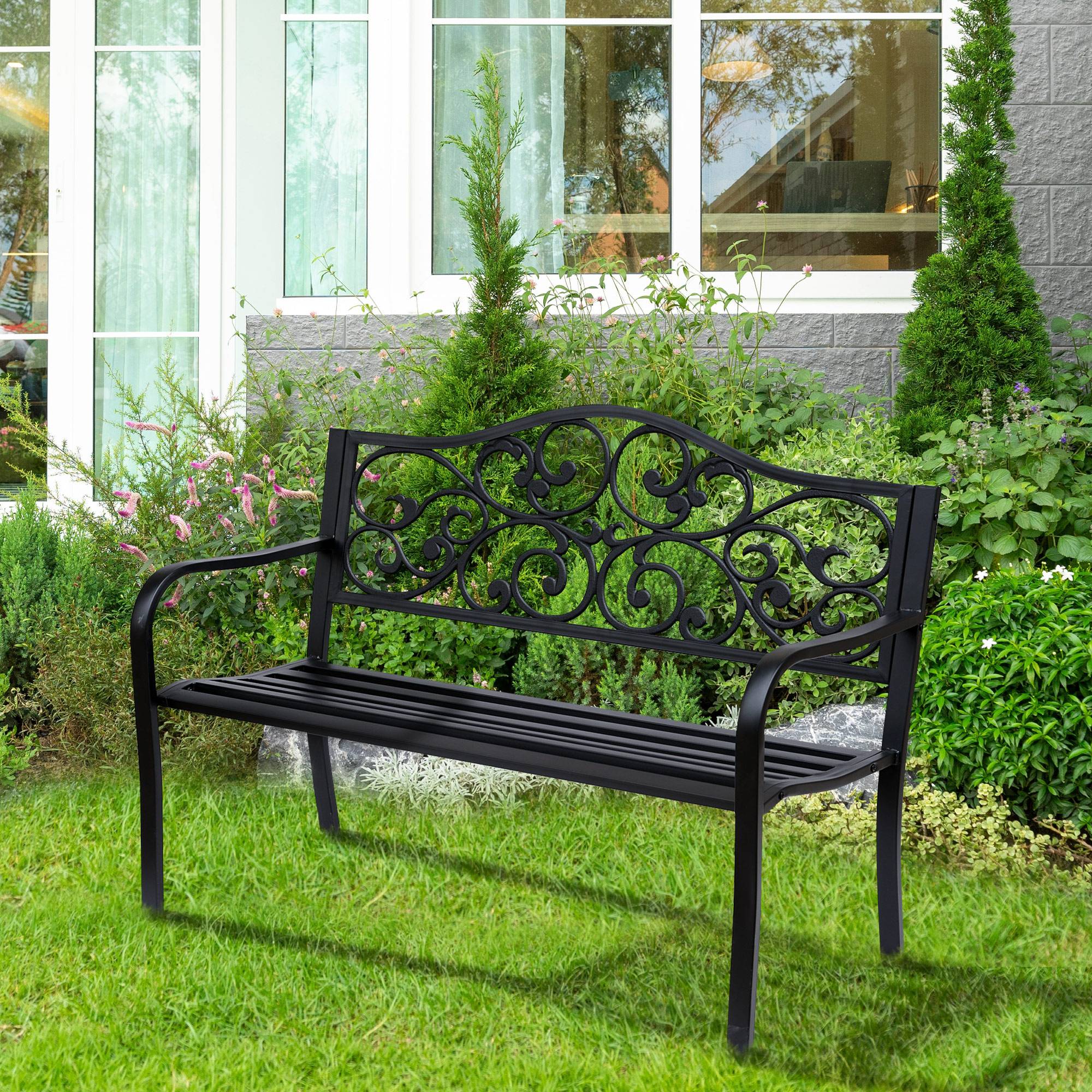 Banc de jardin acier fonte balcon terrasse dossier décoré 127x60x89cm noir - ComfortXL Outdoor Living - Image 3