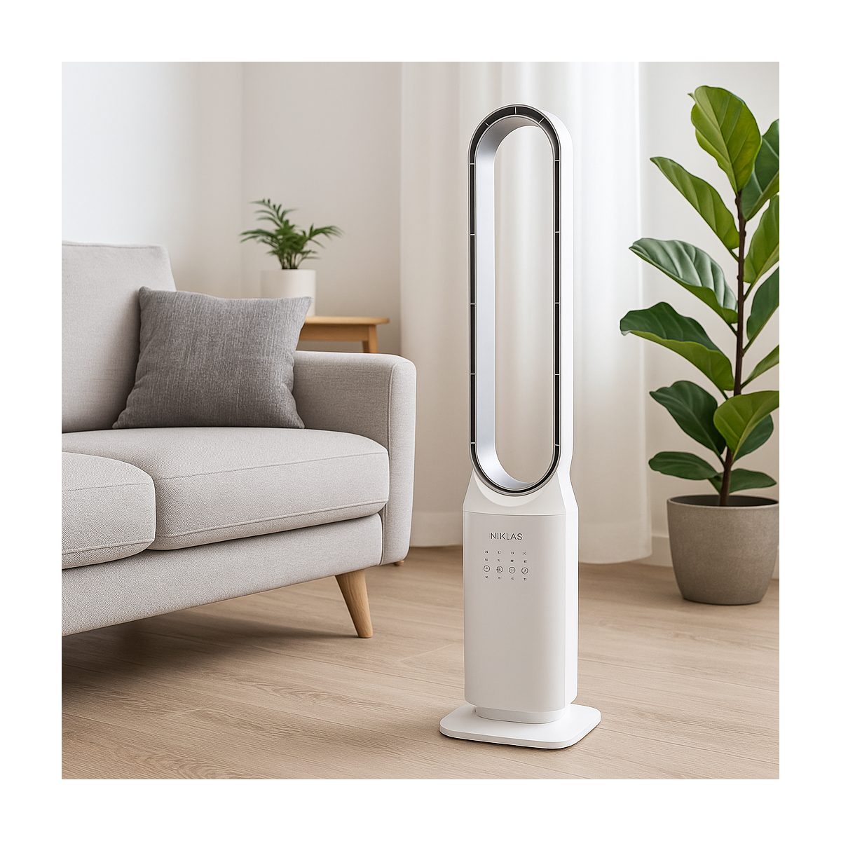 Ventilateur sans pales à Télécommande 50W Programmable avec Minuterie - Rafraichisseur d'air 3 Vitesses Design Blanc NIKLAS - Image 2