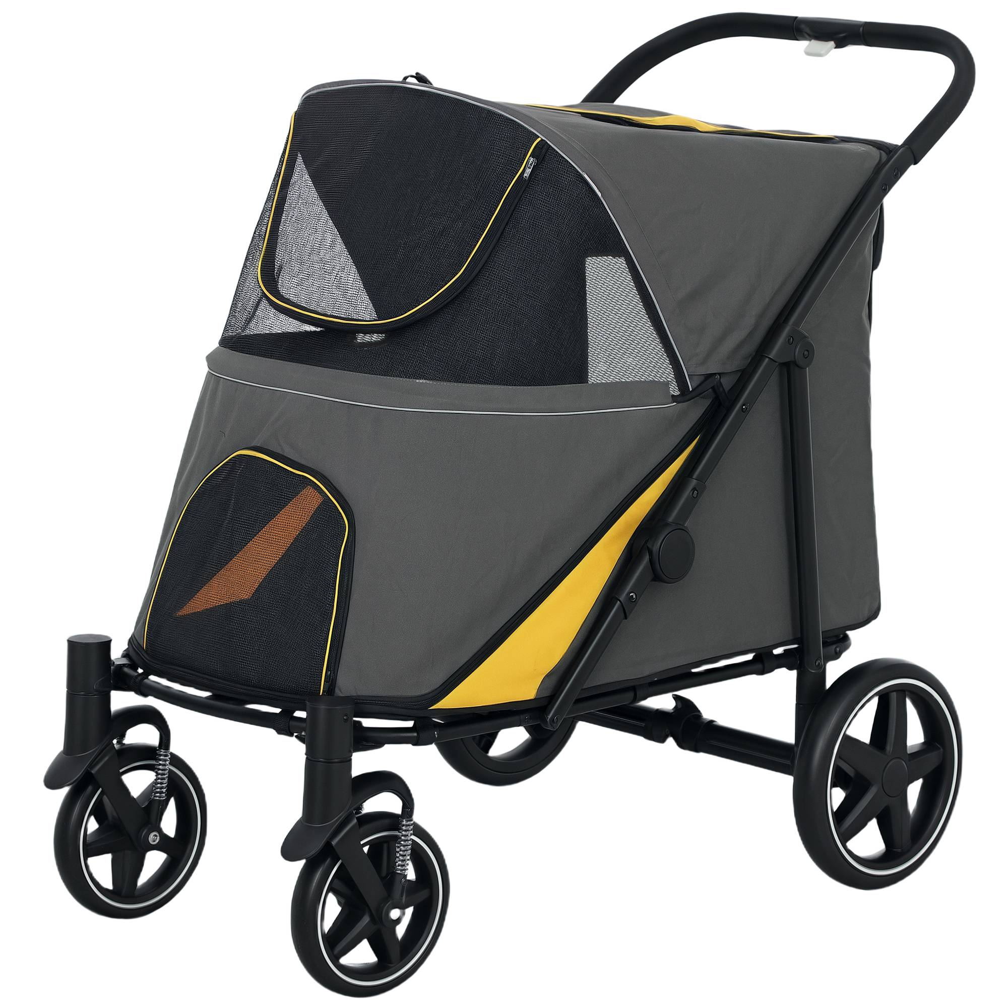 Chariot chien pliable one-click, pliable, 2 laisses sécurité, gris foncé - Image 2
