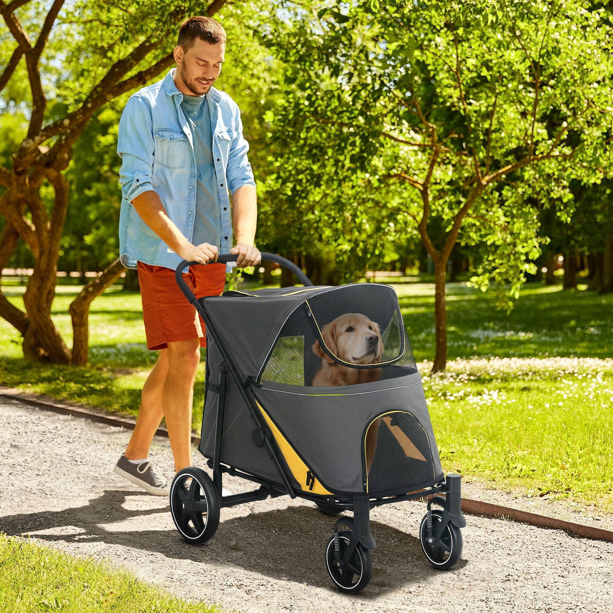 Chariot chien pliable one-click, pliable, 2 laisses sécurité, gris foncé - Image 3