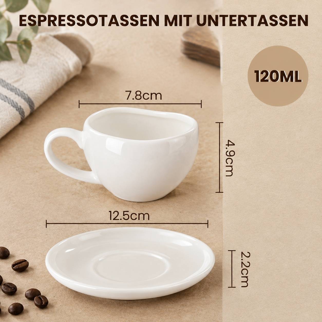 Set de 6 Tasses à Espresso en Céramique avec Sous-tasses 120ml - Image 3