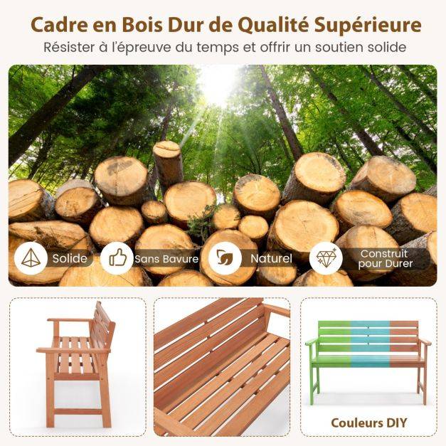 Helloshop26 - Banc de jardin en bois 2 places dossier siège à lattes accoudoirs peinture diy charge 150 kg intérieur extérieur - Imagen 4