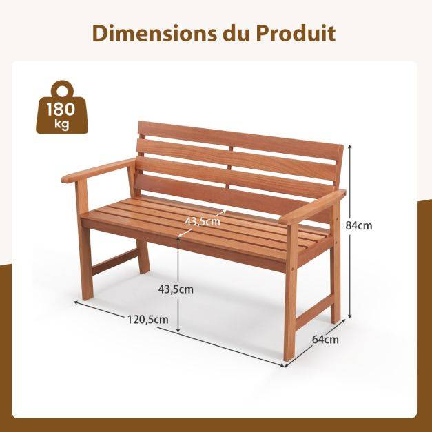 Helloshop26 - Banc de jardin en bois 2 places dossier siège à lattes accoudoirs peinture diy charge 150 kg intérieur extérieur - Imagen 5