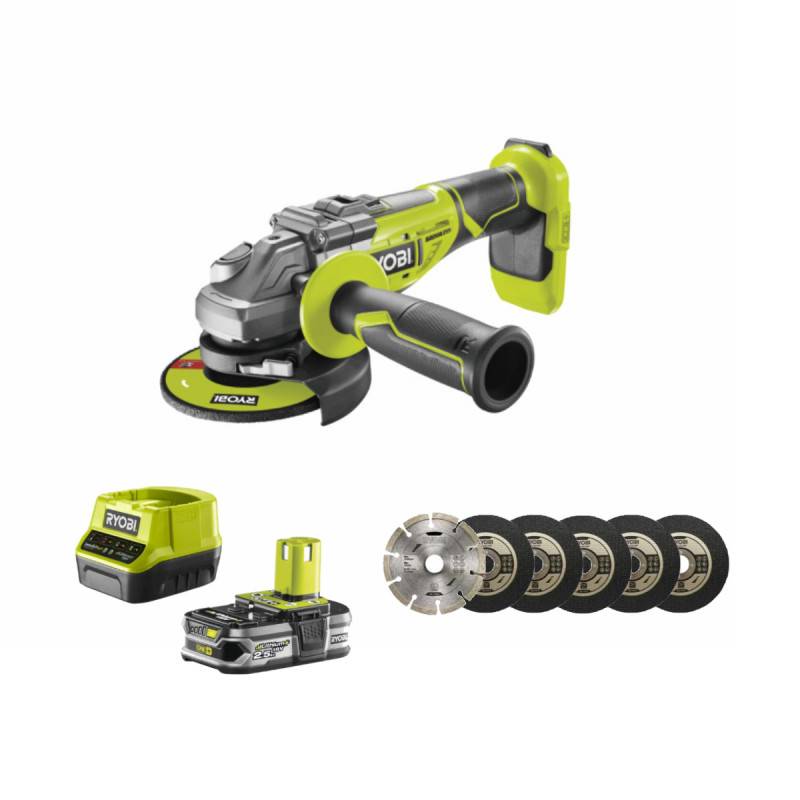 Ryobi - Pack RYOBI Meuleuse d'angle brushless 18V One+ R18AG7-0 - 1 Batterie 2.5Ah - 1 Chargeur rapide - kit 6 disque 125 mm - Image 1