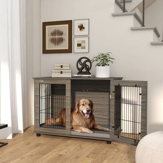 Cage 2-en-1 table d'appoint, coussin peluche déhoussable, porte verrouillable,100x60x73,5cm gris - Image 3