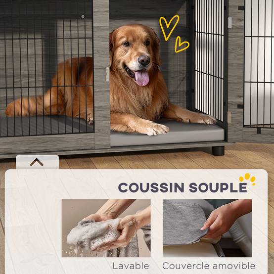 Cage 2-en-1 table d'appoint, coussin peluche déhoussable, porte verrouillable,100x60x73,5cm gris - Image 9