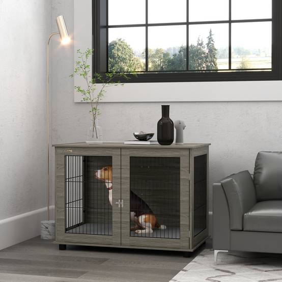Cage 2-en-1 table d'appoint, coussin peluche déhoussable, porte verrouillable,100x60x73,5cm gris - Image 4