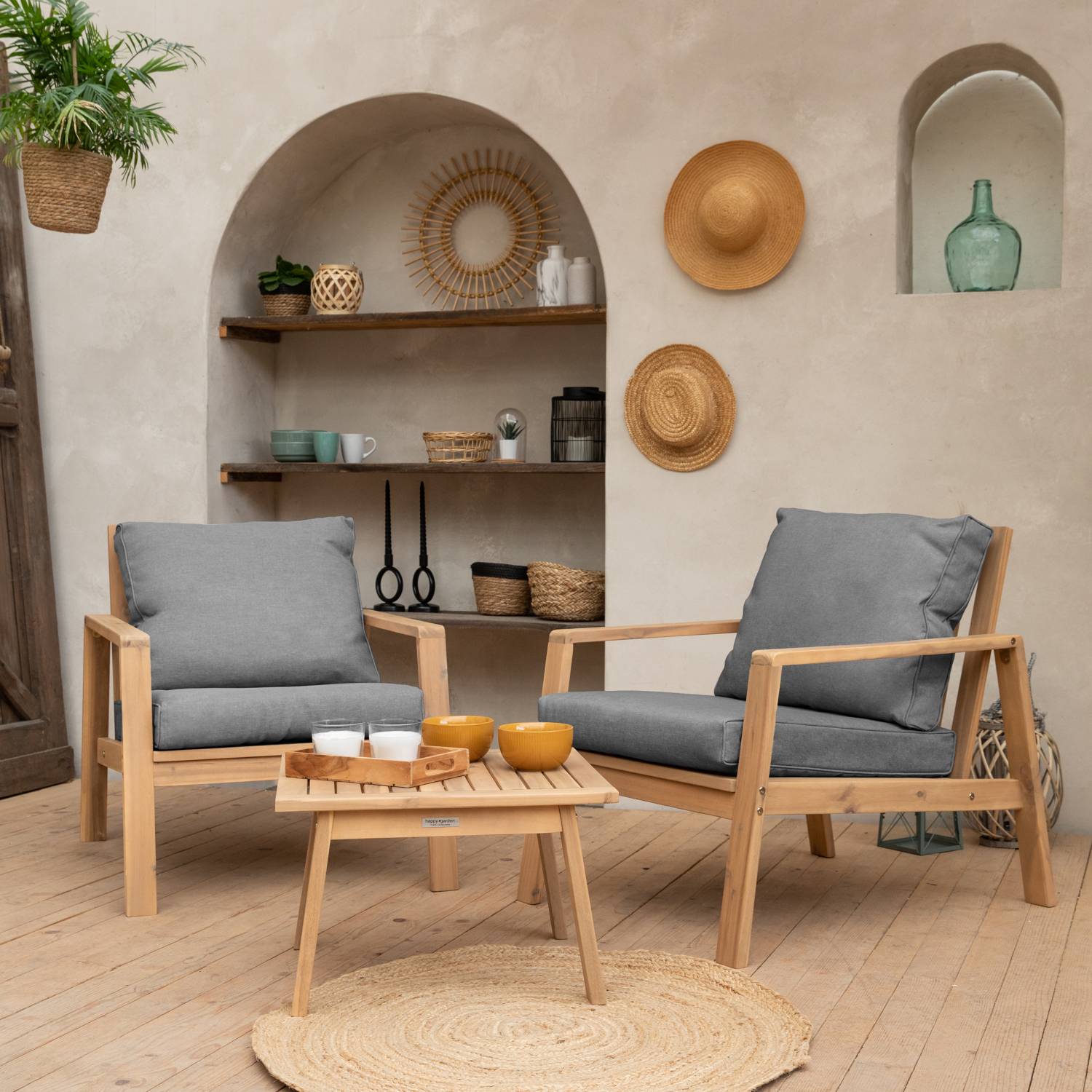 Salon de jardin en acacia 2 places GILI - coussins gris - HAPPY GARDEN - Imagen 2