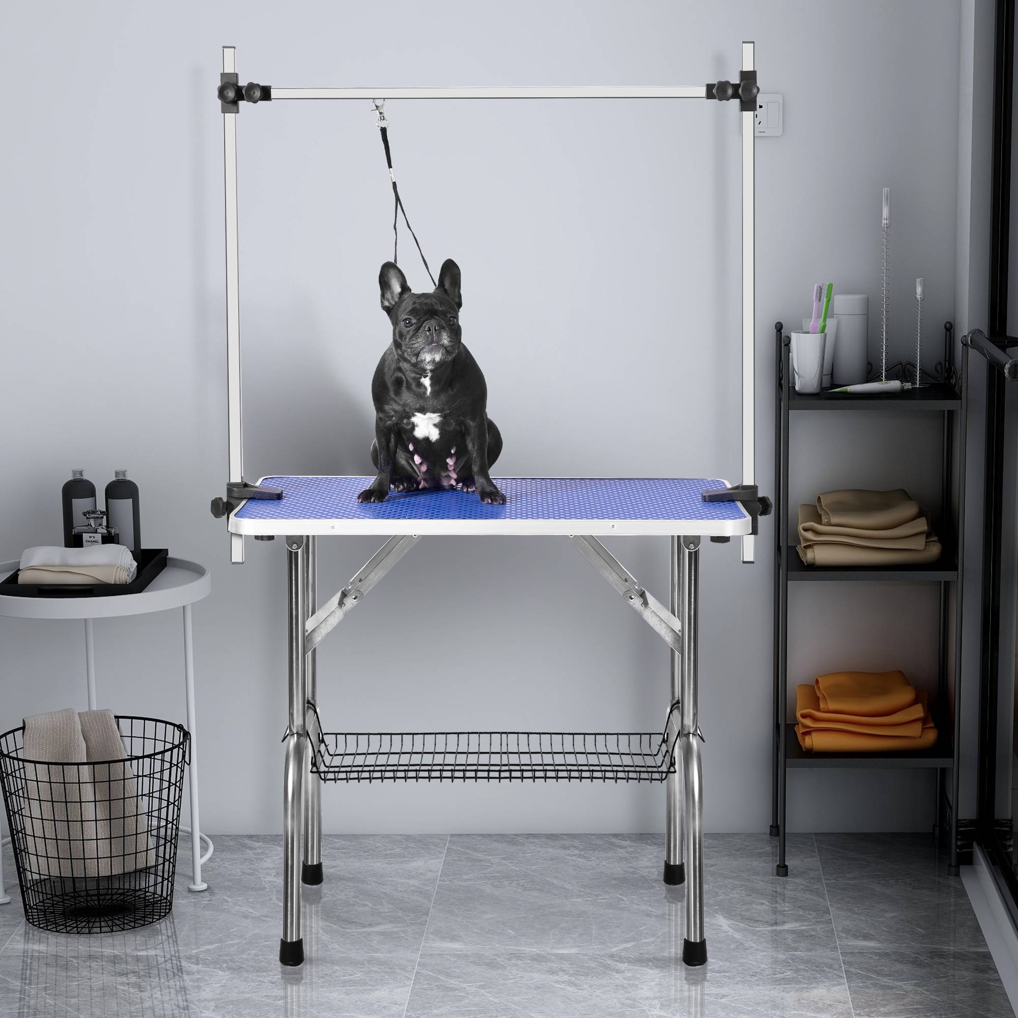 Table de toilettage pliable animaux domestiques 90 x 61 x 76 cm acier inoxydable et MDF bleu - PANGIVO - Image 2