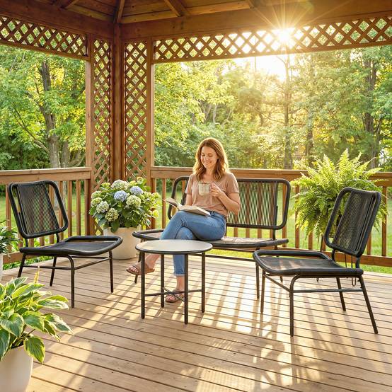 Ensemble mobilier jardin rotin 4 pcs, canapé extérieur avec table métal, noir - Image 4