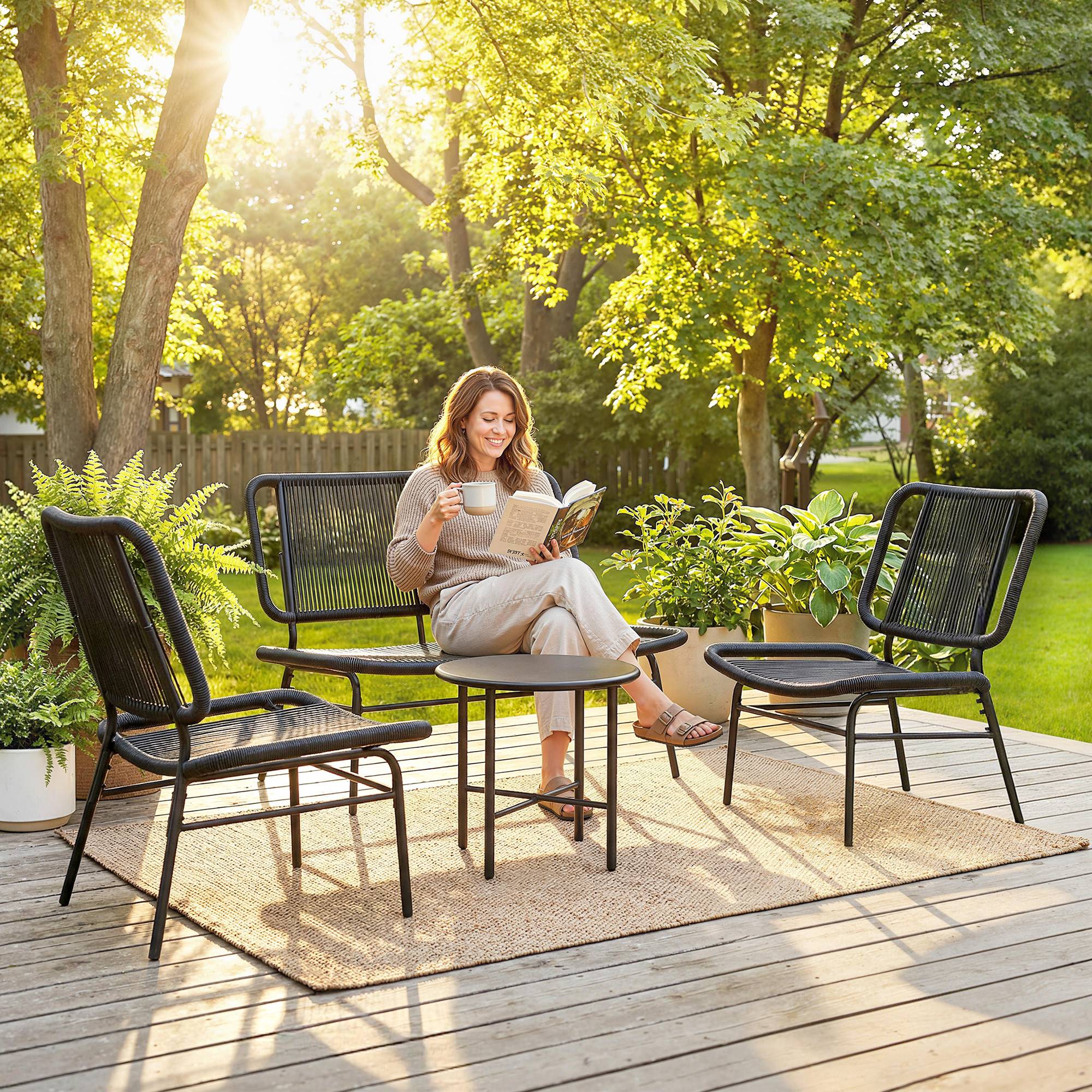 Ensemble mobilier jardin rotin 4 pcs, canapé extérieur avec table métal, noir - Image 3