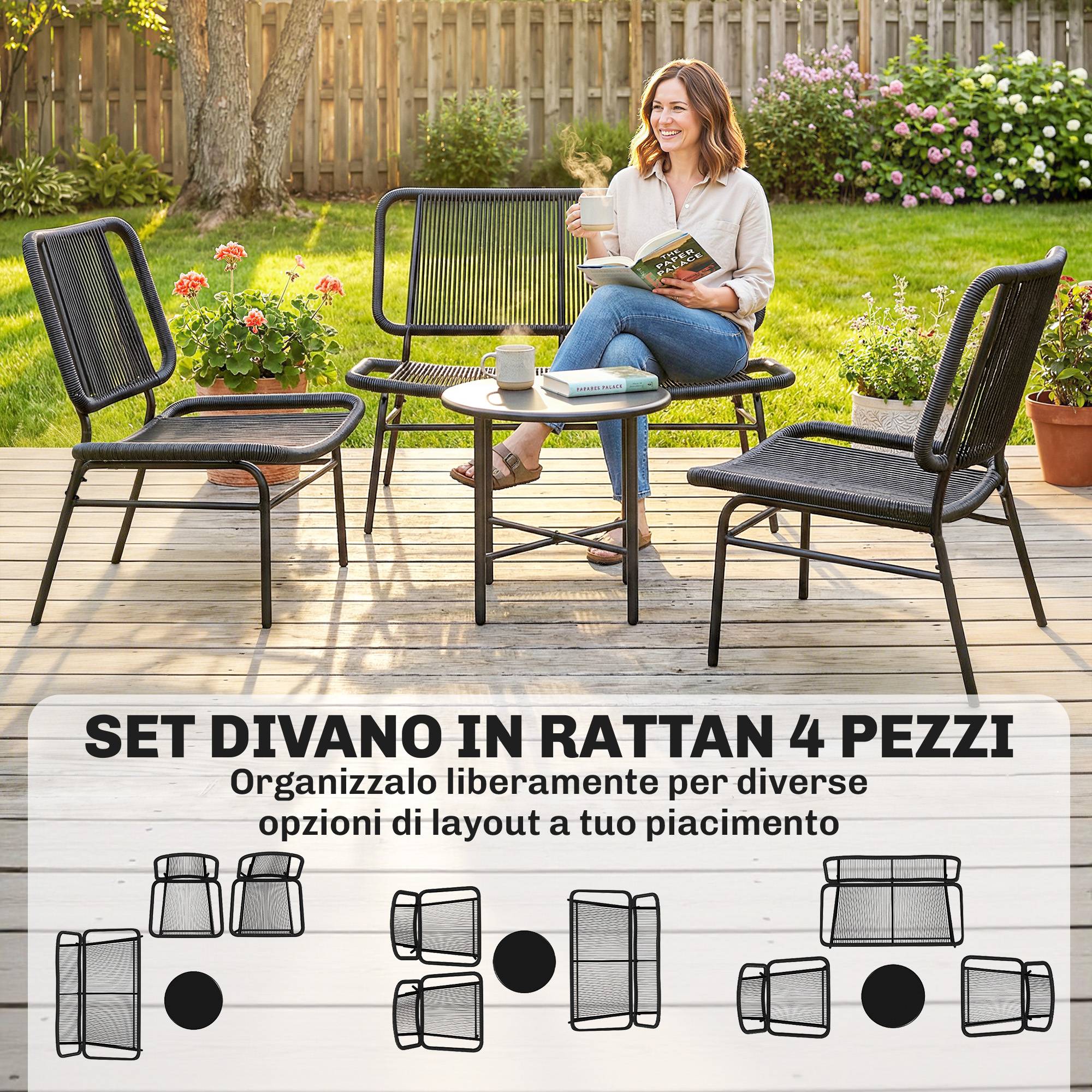 Ensemble mobilier jardin rotin 4 pcs, canapé extérieur avec table métal, noir - Image 6