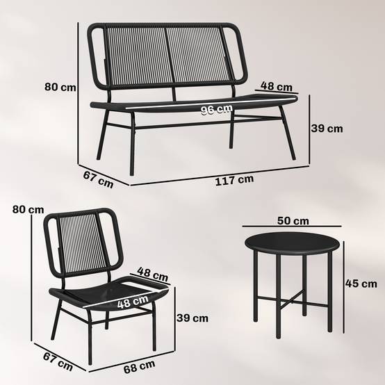 Ensemble mobilier jardin rotin 4 pcs, canapé extérieur avec table métal, noir - Image 5