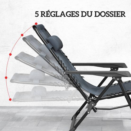 Sans Marque - Lot de 2 chaise longue pliable et inclinable avec table d'appoint, porte-gobelets et appuie-têtes, charge 120 kg, gris - Image 5