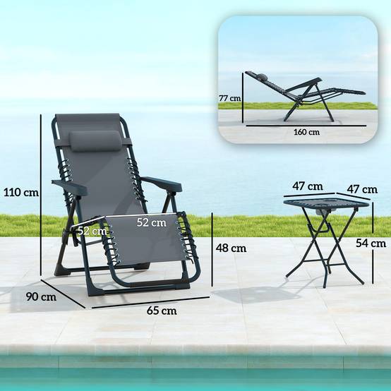 Sans Marque - Lot de 2 chaise longue pliable et inclinable avec table d'appoint, porte-gobelets et appuie-têtes, charge 120 kg, gris - Image 4