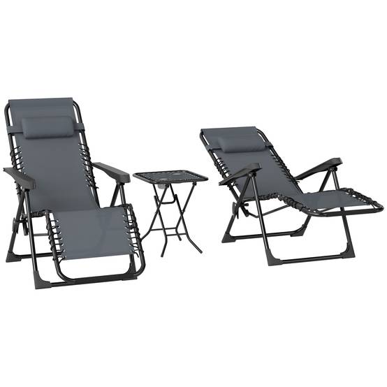 Sans Marque - Lot de 2 chaise longue pliable et inclinable avec table d'appoint, porte-gobelets et appuie-têtes, charge 120 kg, gris - Image 1